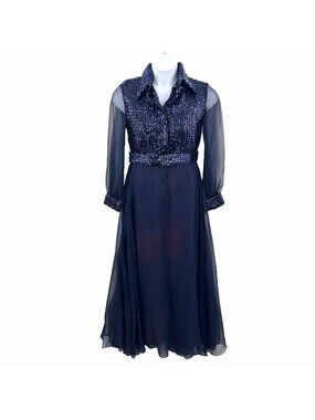 VINTAGE RONA NEW YORK BLUE SEQUIN CHIFFON FORMAL HOLIDAY DRESS - 14